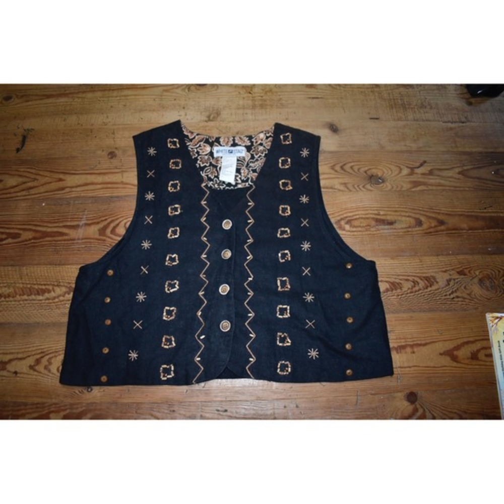 White Stag Collection Women's L Black Linen Blend Embroidered‎ Button Up Vest